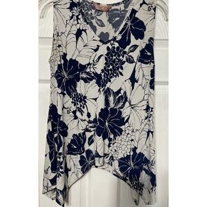 SJS Womens Blue &‎ White Sleeveless Floral Top Asymmetrical Hem Size S